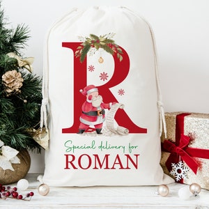 Personalised large santa  CHRISTMAS SACK for kids , xmas toy sack with  name and initial, personalised stocking ,christmas gift