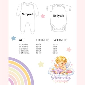 Puede incluir: Gr&aacute;fico rosa y blanco con ilustraciones de un pelele y un body. El gr&aacute;fico incluye edad, altura en cm y peso en libras para beb&eacute;s. La imagen tambi&eacute;n presenta un &aacute;ngel lindo y el texto "Heavenly Handmades".