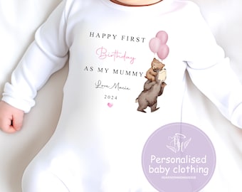 Happy 1st Birthday as My mummy - mummy Bear Baby outfit  with personalised  Name, cute bodysuit,sleepsuit or bib  gift for new mum,