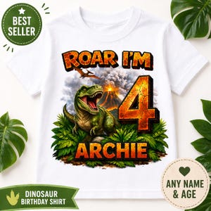Personalised dinosaur birthday shirt with T Rex design and custom name and age