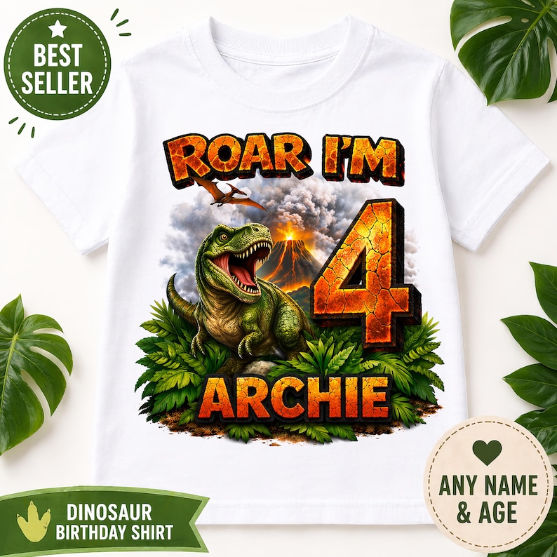 Personalised dinosaur birthday shirt with T Rex design and custom name and age