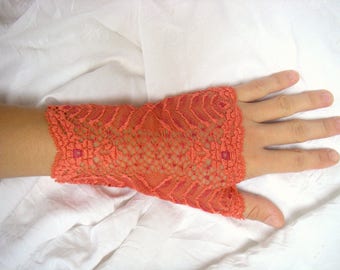 Mittens openwork lace coral, purple patterns