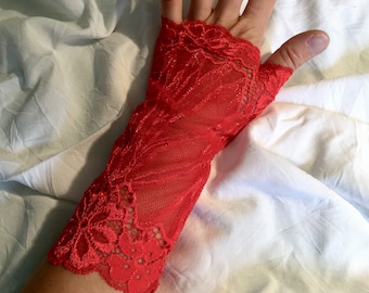 Accessory, lace gloves, gift for her, lace of calais, glittery red, fine, elegant lace