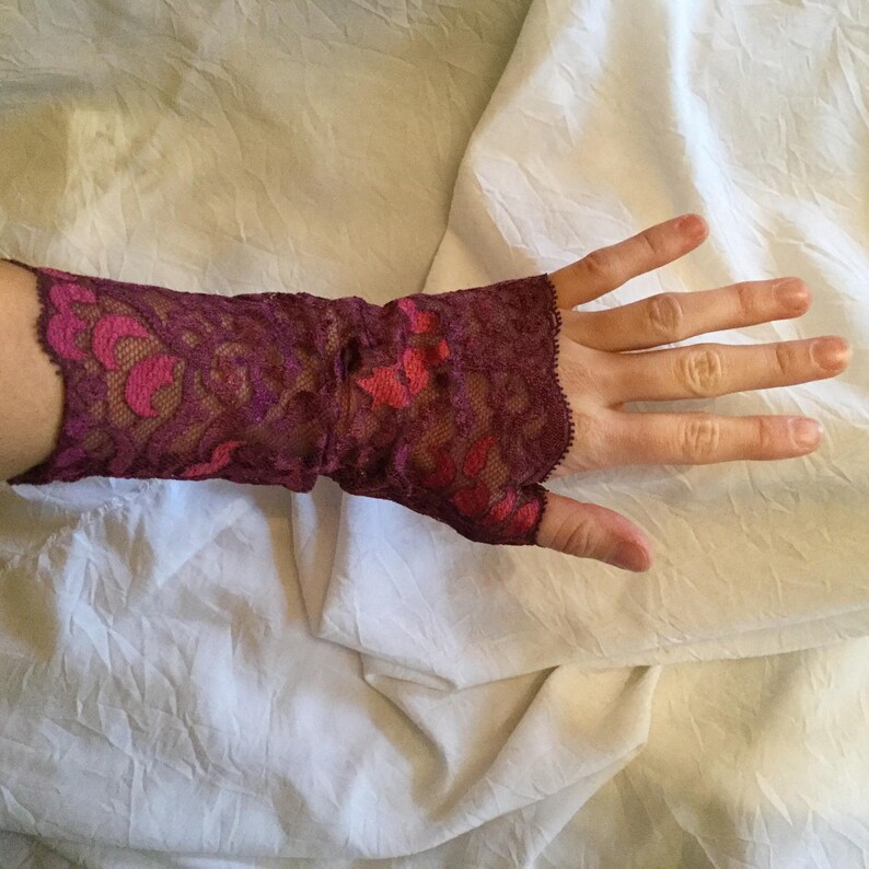 Plum and dark pink lace fingerless gloves image 1