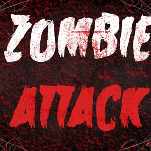 Puede incluir: Un diseño gráfico rojo y blanco con el texto "ZOMBIE ATTACK" sobre un fondo negro con un diseño de telaraña.