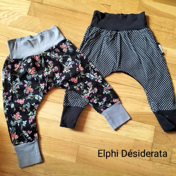 Pantalon sarouel évolutif enfant bébé velours petite côte motif pois  ou fleurs confort  modèle fille taille 2 ans