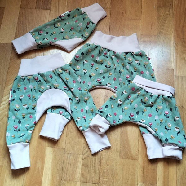 Pantalon sarouel évolutif bébé tissus sweat fleur paillettes modèle fille demi saison  taille 1 mois 6 mois 1 an 2 ans tissus bio  oeko tex