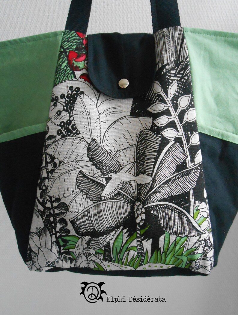 Beach bag black green tote bag beige with a hint of Red jungle cotton fabric