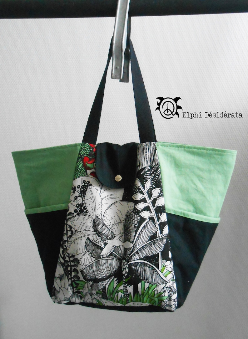 Beach bag black green tote bag beige with a hint of Red jungle cotton fabric