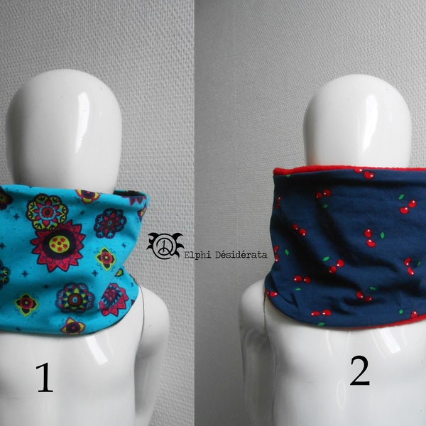 Snood écharpe tube écharpe anneau fleurs ou cerises modèle fille taille 2 à 6 ans et 6 à 12 ans jersey et polaire