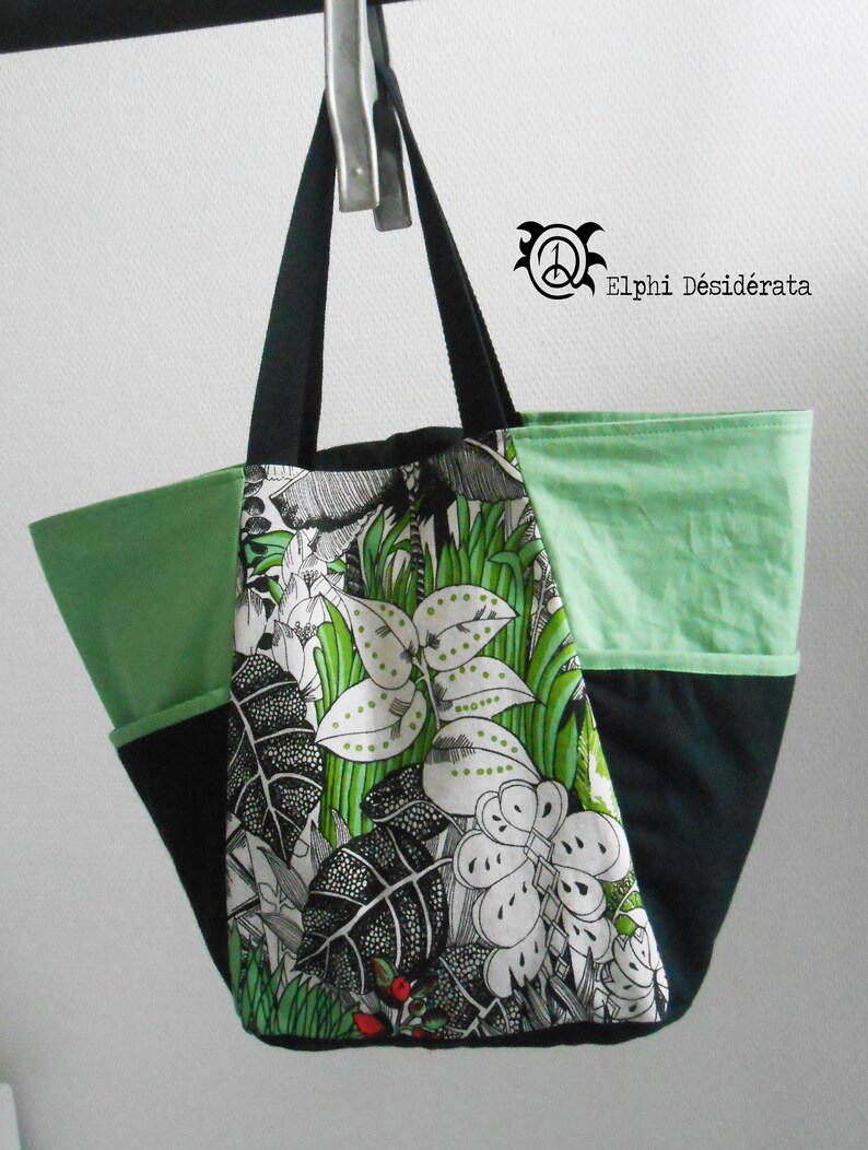 Beach bag black green tote bag beige with a hint of Red jungle cotton fabric