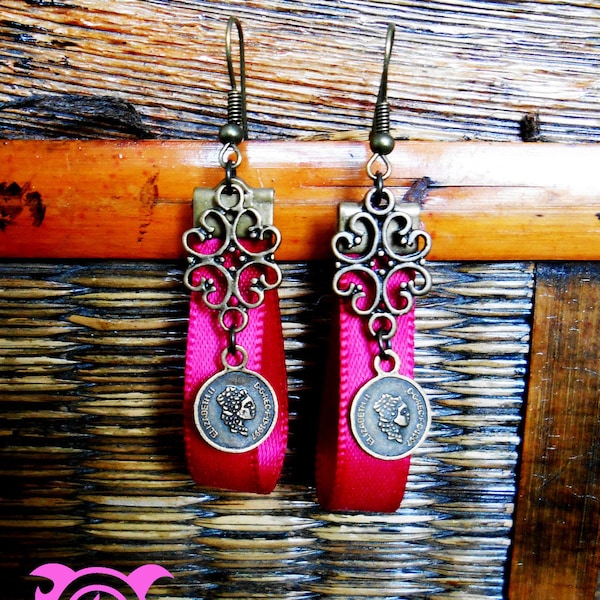 Boucles d'oreilles ruban bronze arabesque  ruban rose colore estival