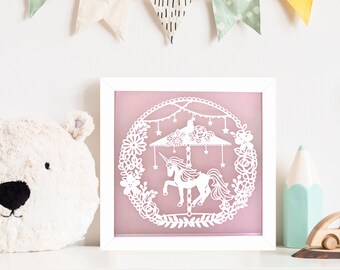Unicorn Carousel Paper Cut Frame. Perfect Christmas Gift!