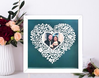 Personalised Couple Gift. Floral Heart Paper Cut Frame with Photo.