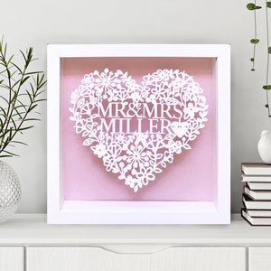 Personalised Wedding Gift, Floral Heart Paper Cut, Framed Wedding Gift, Wedding Present, Mr & Mrs, Keepsake Gift, Anniversary Gift, Love image 3