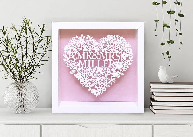 Personalised Wedding Gift, Floral Heart Paper Cut, Framed Wedding Gift, Wedding Present, Mr & Mrs, Keepsake Gift, Anniversary Gift, Love image 3