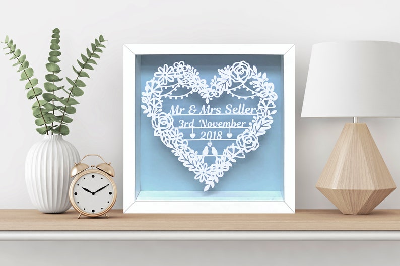 Wedding Floral Heart Paper Cut, Personalised Wedding Gift, Wedding Present, Framed Keepsake Gift, Anniversary Gift image 2