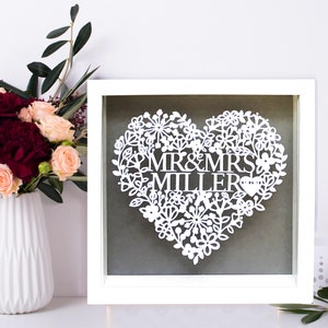 Personalised Wedding Gift, Floral Heart Paper Cut, Framed Wedding Gift, Wedding Present, Mr & Mrs, Keepsake Gift, Anniversary Gift, Love image 2