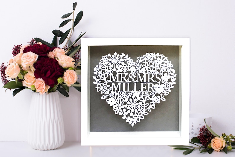 Personalised Wedding Gift, Floral Heart Paper Cut, Framed Wedding Gift, Wedding Present, Mr & Mrs, Keepsake Gift, Anniversary Gift, Love image 2