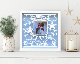 Newborn Gift, Teddy Bear Paper Cut Frame, Baby Gift, New Baby Present, Nursery Decor, Personalised Frame, Kids Room Sign, New Parent Gift