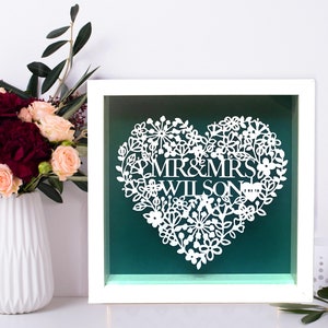 Personalised Wedding Gift, Floral Heart Paper Cut, Framed Wedding Gift, Wedding Present, Mr & Mrs, Keepsake Gift, Anniversary Gift, Love image 1