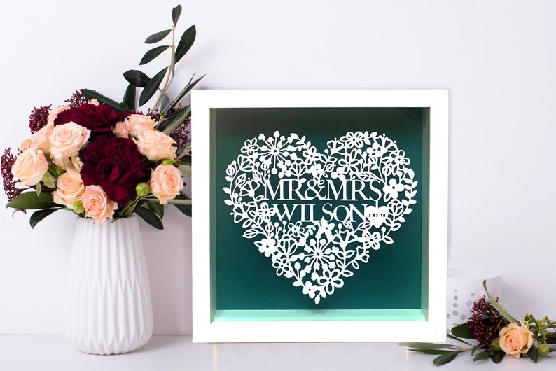 Personalised Wedding Gift, Floral Heart Paper Cut, Framed Wedding Gift, Wedding Present, Mr & Mrs, Keepsake Gift, Anniversary Gift, Love image 1