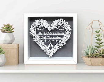 Personalized Wedding Gift, Floral Heart Paper Cut, Framed Keepsake