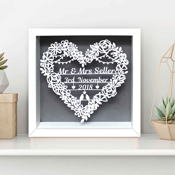 Wedding Floral Heart Paper Cut, Personalised Wedding Gift, Wedding Present, Framed Keepsake Gift, Anniversary Gift