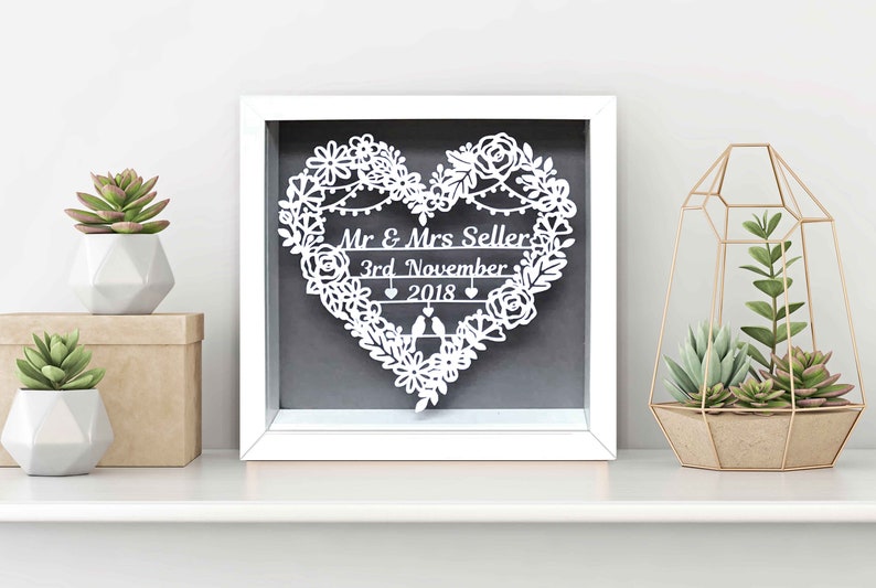 Wedding Floral Heart Paper Cut, Personalised Wedding Gift, Wedding Present, Framed Keepsake Gift, Anniversary Gift image 1