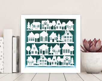 Houses Paper Cut Frame, Personalised Art, Home Decor, Quirky Gift, Personalised Birthday Gift, Wall Decor, Rows of Houses, New Home Gift