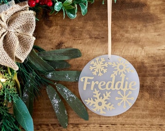 Gepersonaliseerde sneeuwvlokkerstornament | Aandenken kerstbal van metallic folie