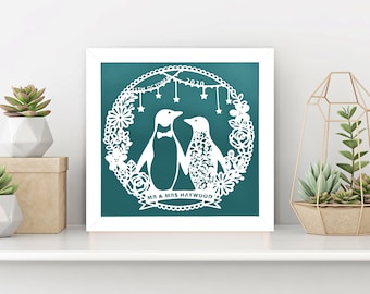 Penguin Personalised Couple Paper Cut Frame. Perfect keepsake Gift.