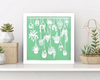 Hanging Plants Paper Cut Frame. Plant Home Decor.