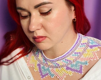Huichol Art Beaded Collar: Multicolor Seed Bead Detachable Necklace