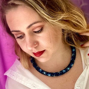 Blue Star Seed Bead Crochet Choker: Galaxy Beadwork Necklace