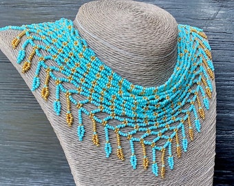 Turquoise netted bead scarf fringe necklace. Detachable seed bead collar choker necklace. Removable bib collar beadwork art necklace