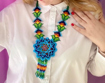 Huichol Beaded Flower Necklace: Blue Orange Blossom Jewelry