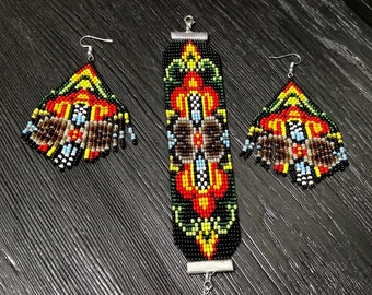 Huichol Kunst native bunte Perlenschmuck Set Ohrringe und Armband ethnische Perlenkunst Set Xmas Geschenk für Sie