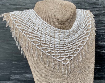 White Seed Bead Scarf Necklace: Detachable Fringe Collar