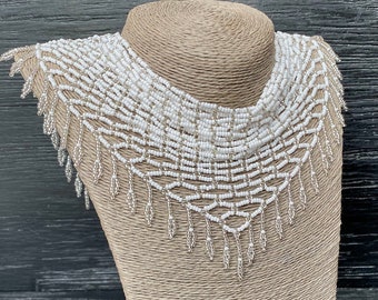 Silvery-white netted bead scarf fringe necklace. Detachable seed bead collar choker necklace. Removable bib collar beadwork art necklace