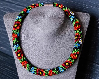 Traditional red poppy seed bead necklace Ukrainian style jewelry Poppies beadwork crochet rope necklace