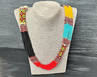 Mexican Seed Bead Necklace, Navajo Multicolor Beadwork (29 inch)