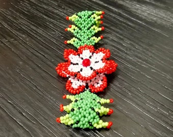 Huichol Beaded Flower Bracelet: Red Seed Bead Botanical Jewelry