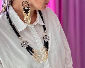 Beaded Dream Catcher Fringe Jewelry Set: Boho Ombre Necklace Earrings