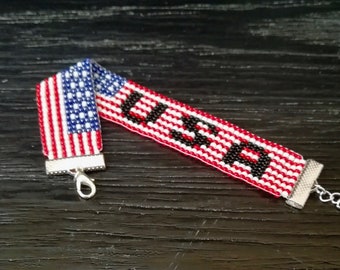 Fourth of July american flag beaded adjustable bracelet festival jewelry Memorial day gift usa flag hippie bracelet beaded jewelry