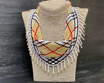 Pastel Seed Bead Scarf Necklace: Detachable Fringe Collar