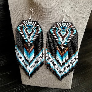 Blue hippie long tassel seed bead crochet tribal earrings Huichol art traditional beadwork earrings crochet boho jewelry