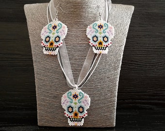 Sugar Skull Seed Bead Jewelry Set: Halloween Earrings and Pendant Necklace