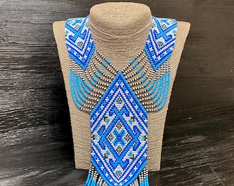 Ethnic ukrainian style beadwork art fringe necklace geometry jewelry Native beadwork boho long tassel necklace