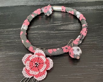 Japanese pink sakura blossom beadwork art jewelry set necklace and earrings